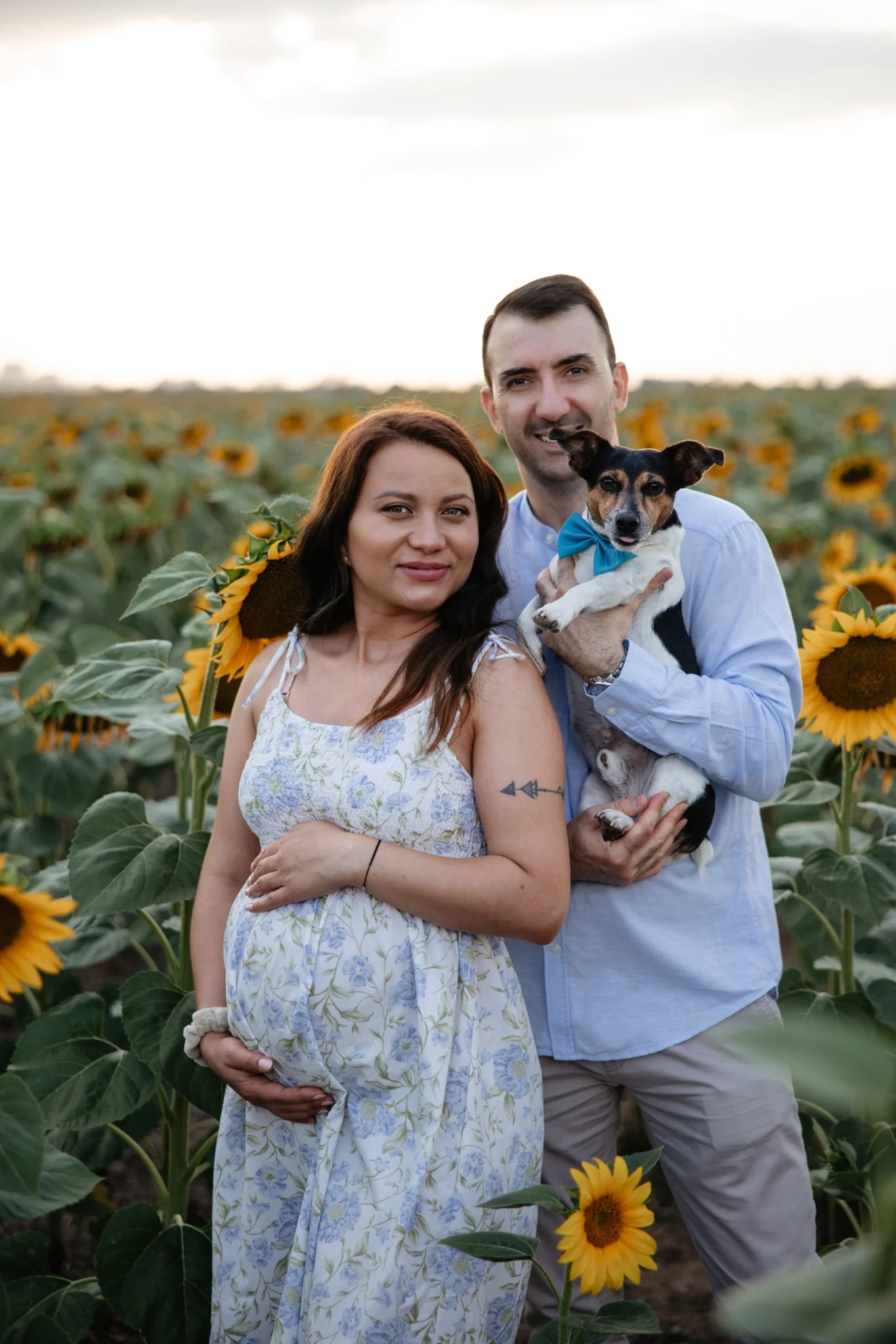 Фотосесия бременност – двойка с куче на слънчогледово поле