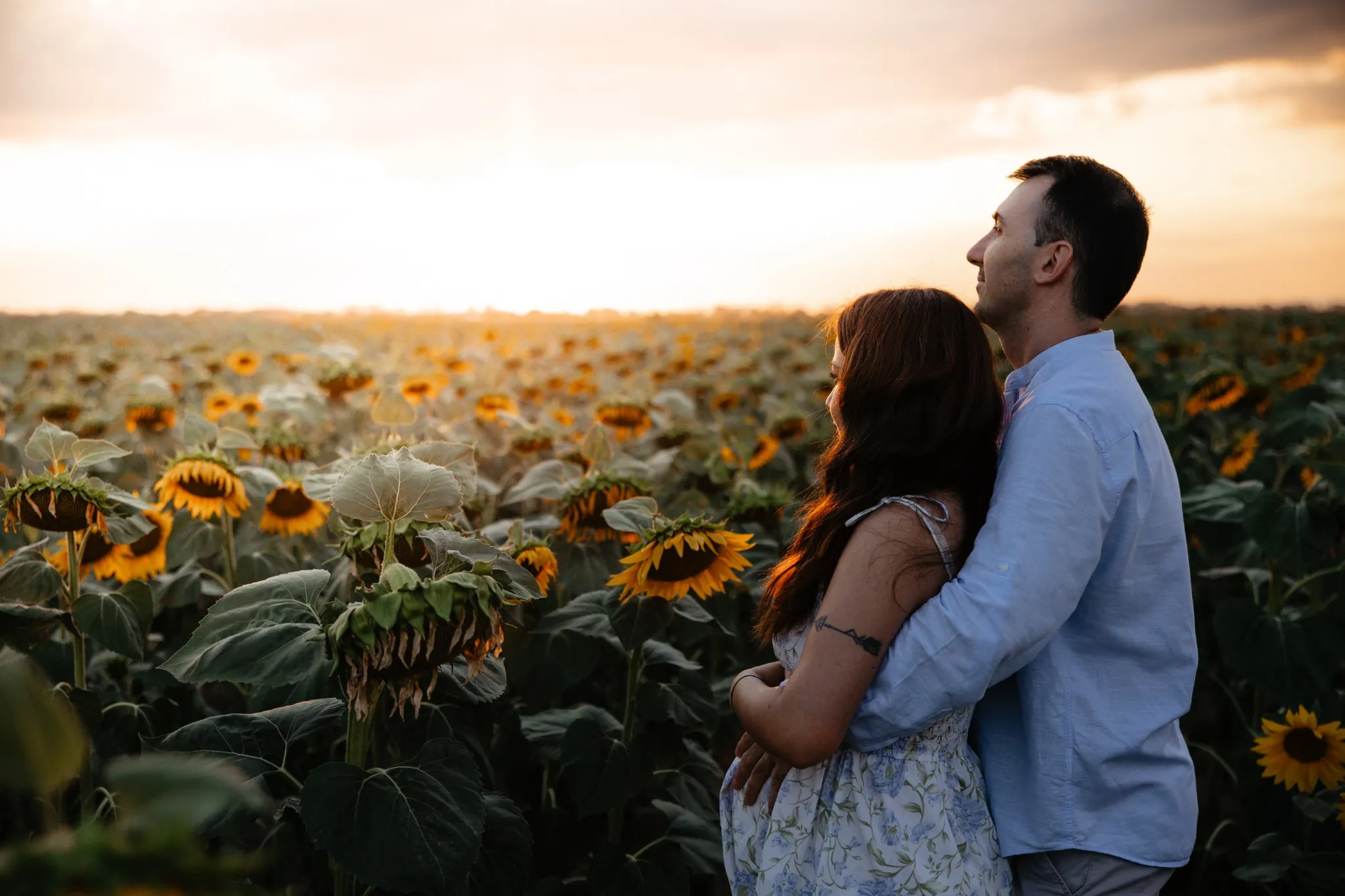 Бременна фотосесия в слънчогледово поле по залез